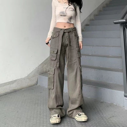 Gemz Hot Girl Cargo Pants Woman Elastic High Waist Big Pockets Trousers  Y2K Streetwear Hip Hop Drawstring Retro Baggy Jeans Femme