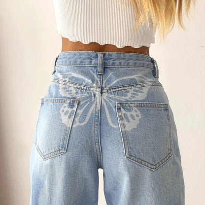 Gemz-Women Vintage Jeans Denim Loose High Waist Straight Trousers Butterfly Print Skinny Pants Harajuku Ladies Boyfriend Jeans