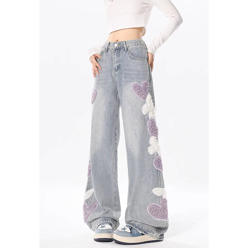 Gemz Blue Jeans for Women Embroidery High Waist Vintage American Fashion Streetwear Wide Leg Jean Female Trouser Baggy Denim Pants