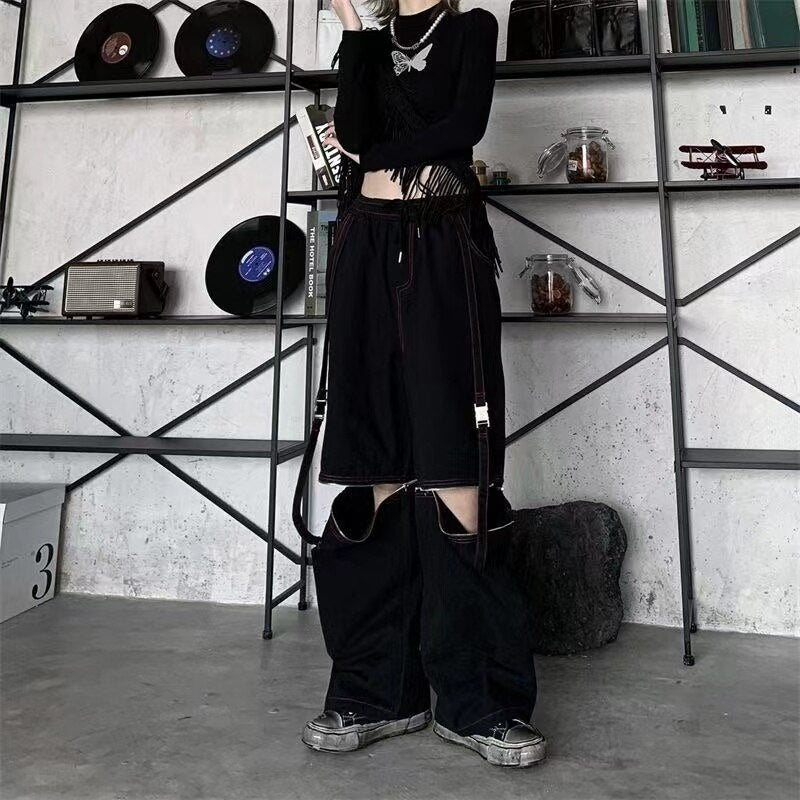 Gemz Vintage Hollow Splicing Women Jeans White Harajuku Korean Baggy Straight Cargo Pants Streetwear Wide Leg Hippie Clothes Pants