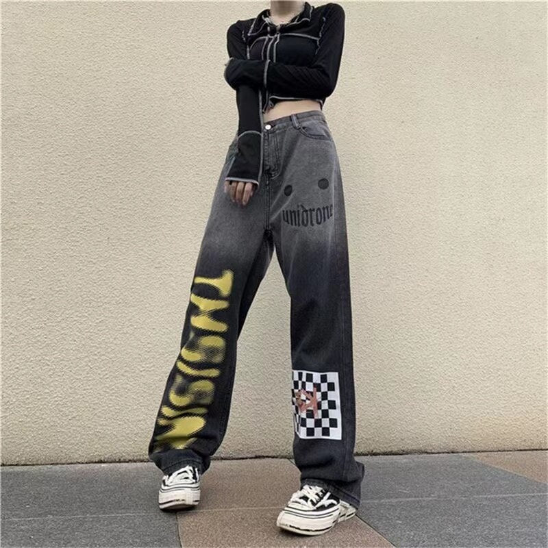 Gemz Punk Hippie High Street Y2K Wide Leg Trouser  Harajuku Grunge Denim Pants Vintage Straight Gothic Baggy Jeans Woman