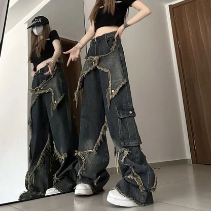 Gemz Vintage Tassel Design Jeans Women High Waist Fashion Autumn Straight Trousers Hip Hop Y2k Wide Leg Denim Pants Female Streetwear