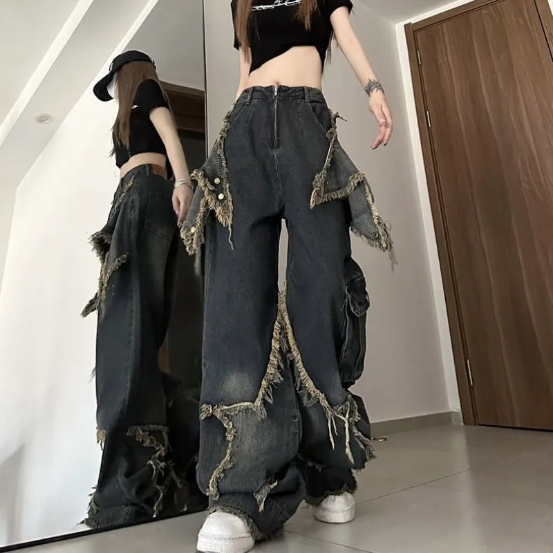 Gemz Vintage Tassel Design Jeans Women High Waist Fashion Autumn Straight Trousers Hip Hop Y2k Wide Leg Denim Pants Female Streetwear