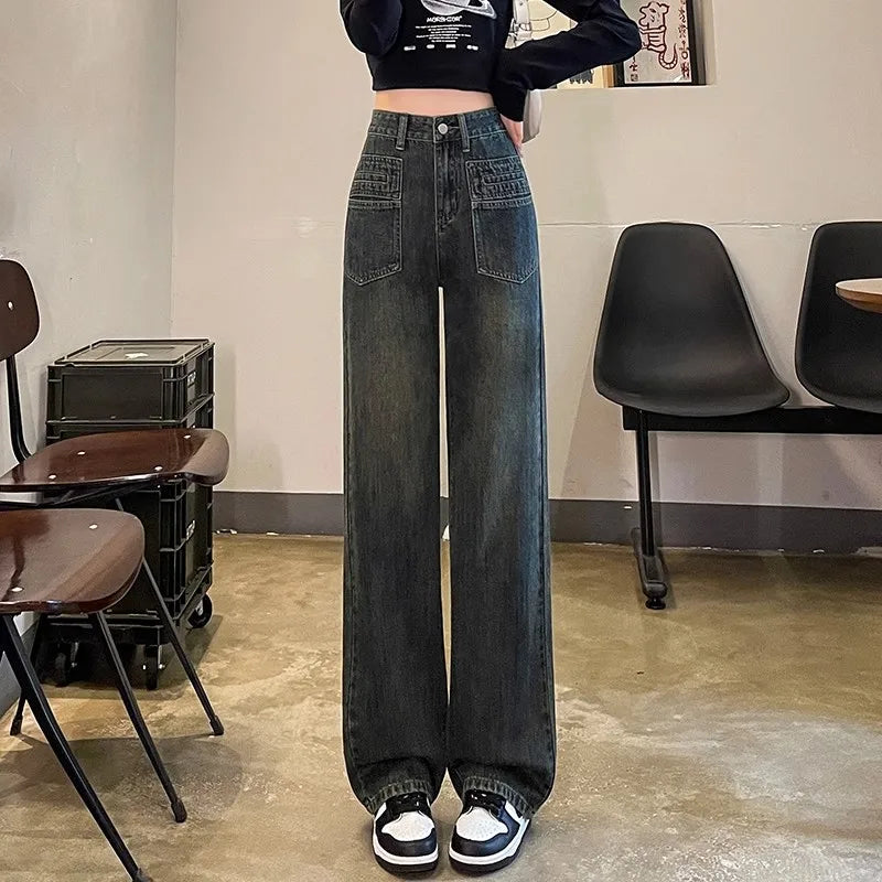 Gemz Vintage Jeans Woman Korean Fashion Women's Pants Baggy Jeans Women High Waist Streetwear Female Straight Leg Jeans Y2k Clothes