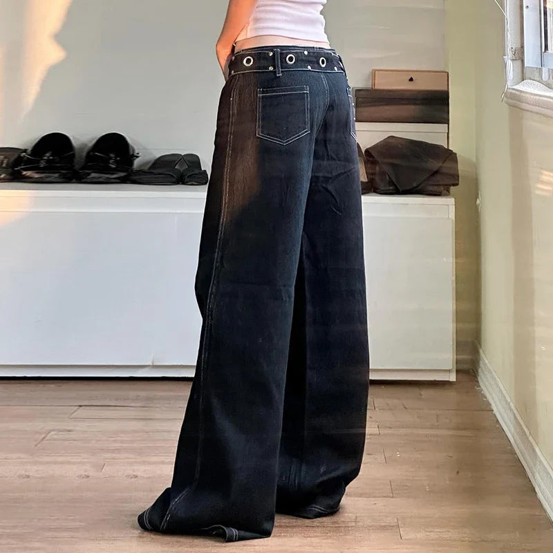 Gemz Fashion Design Belt Wide Leg Jeans Punk Grunge Low Waist Denim Trousers Streetwear Hip Hop Gothic Baggy Pants Y2K