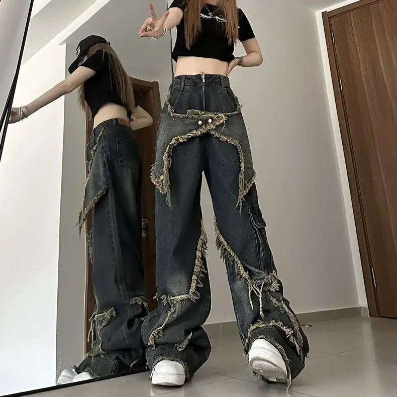 Gemz Vintage Tassel Design Jeans Women High Waist Fashion Autumn Straight Trousers Hip Hop Y2k Wide Leg Denim Pants Female Streetwear