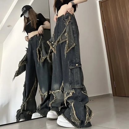 Gemz Vintage Tassel Design Jeans Women High Waist Fashion Autumn Straight Trousers Hip Hop Y2k Wide Leg Denim Pants Female Streetwear