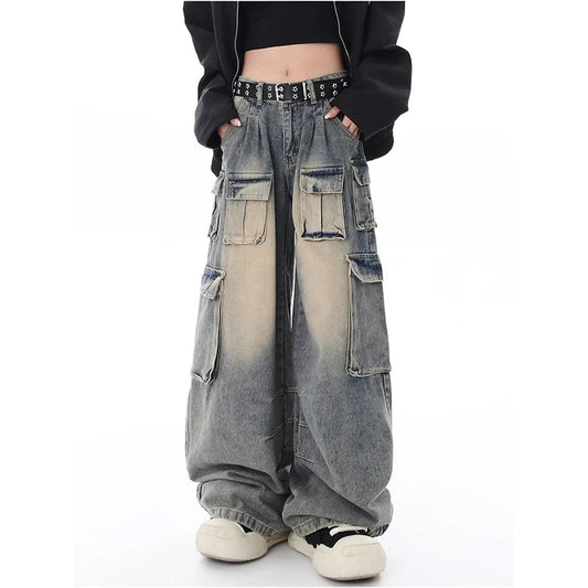 Gemz Women Blue Jeans Cargo Pants Streetwear High Waist American Wide Leg Pants Fashion Y2K Style Female Winter Straight Trousers