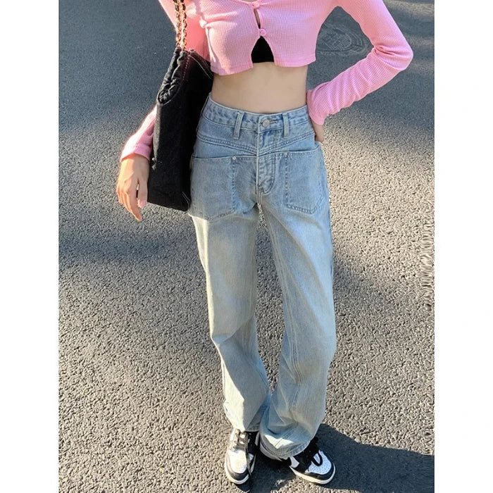 Gemz Vintage Jeans Woman Korean Fashion Women's Pants Baggy Jeans Women High Waist Streetwear Female Straight Leg Jeans Y2k Clothes