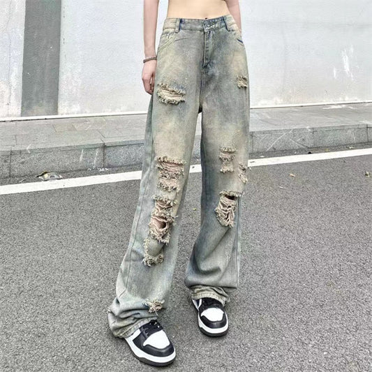 Gemz Trousers Washed Ripped Jeans Women Retro Y2k Streetwear High Waisted Jeans Summer Clothes For Women Baggy Wide Leg Jeans Femme