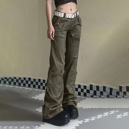 Gemz Low Waist Jeans Woman Pockets Trousers Baggy Denim Cargo Pants Straight Jeans Korean Fashion Jeans 90S Y2k Aesthetic Clothes