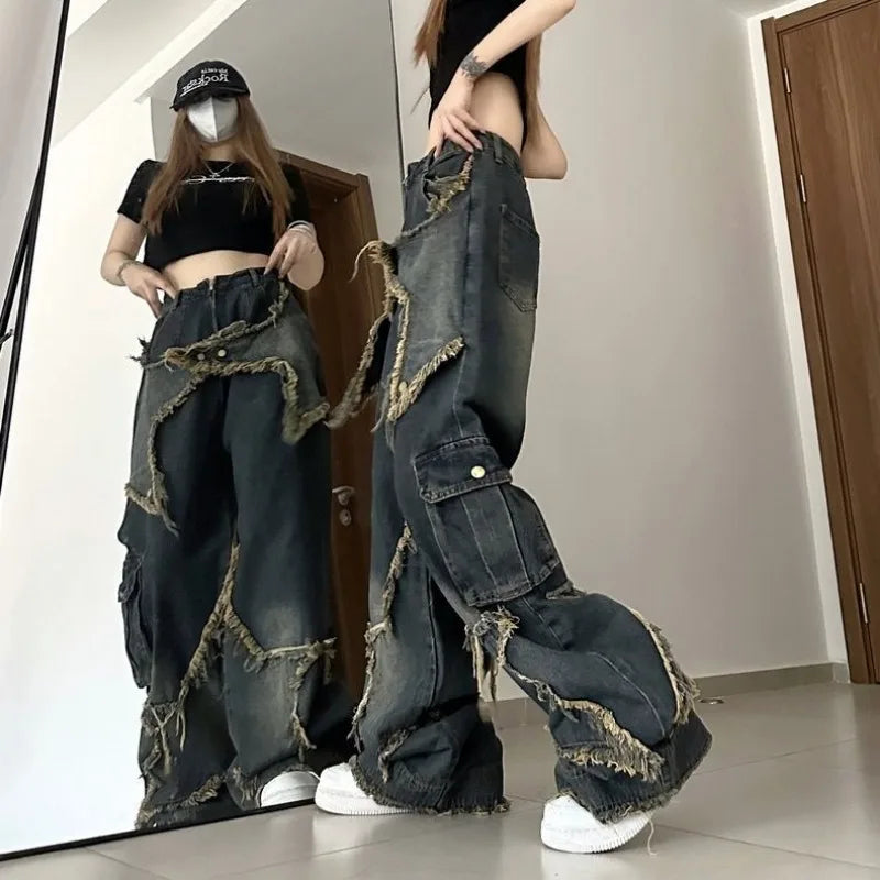 Gemz Vintage Tassel Design Jeans Women High Waist Fashion Autumn Straight Trousers Hip Hop Y2k Wide Leg Denim Pants Female Streetwear