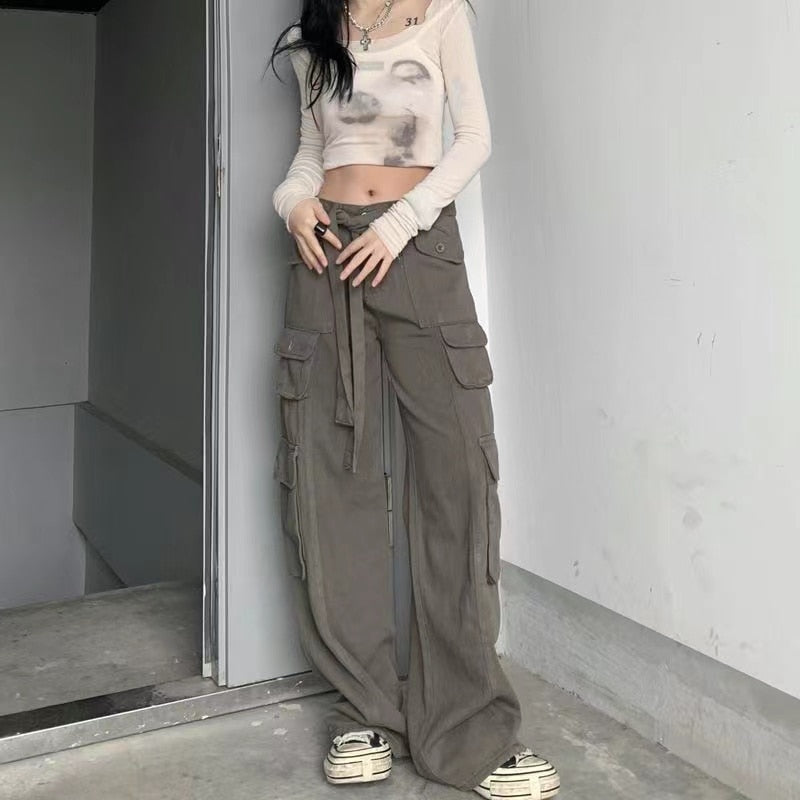 Gemz Hot Girl Cargo Pants Woman Elastic High Waist Big Pockets Trousers  Y2K Streetwear Hip Hop Drawstring Retro Baggy Jeans Femme