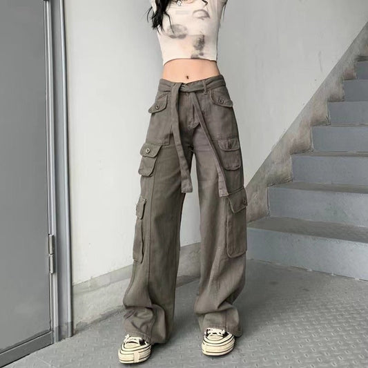 Gemz Hot Girl Cargo Pants Woman Elastic High Waist Big Pockets Trousers  Y2K Streetwear Hip Hop Drawstring Retro Baggy Jeans Femme