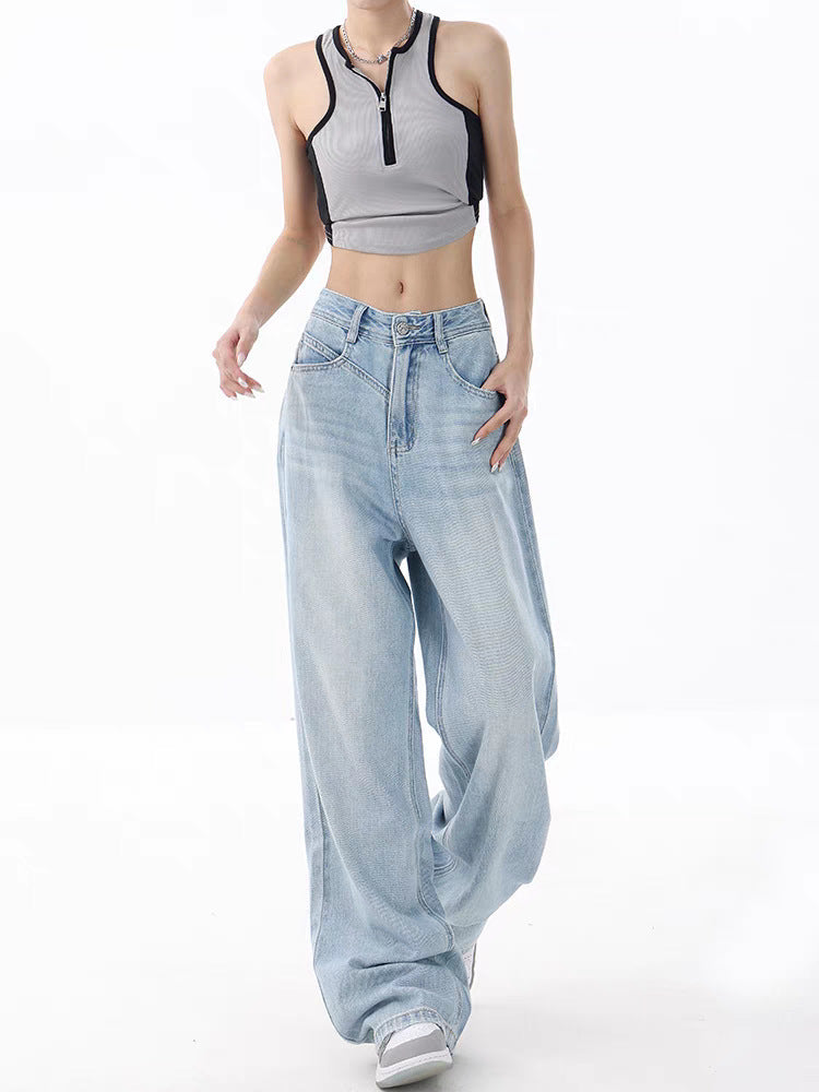 Gemz outfit inspo 2024 New Light Blue Washed Wide-Leg Jeans Women's Summer Super Soft Loose Mop Pants Pants