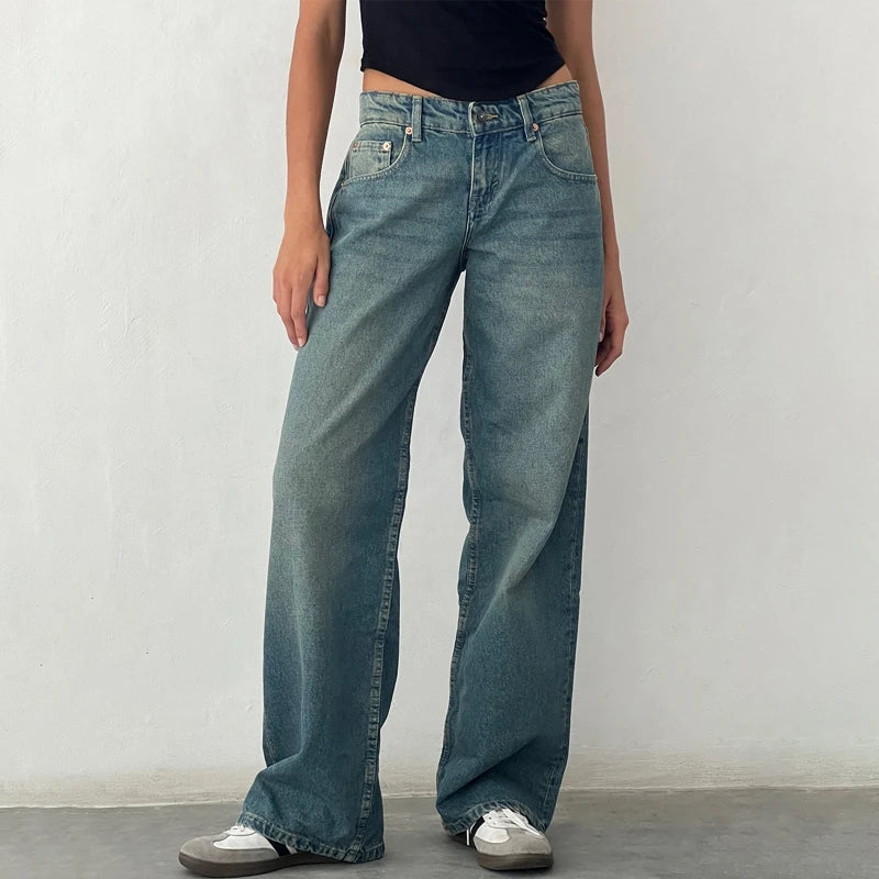 Gemz-Women Y2K Wide Leg Denim Pants Baggy Low Waist Boyfriend Jeans Casual Vintage Loose Fit Jeans Trousers Cyber Grunge Streetwear