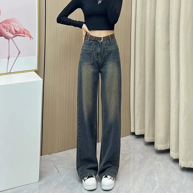 Gemz Vintage Jeans Woman Korean Fashion Women's Pants Baggy Jeans Women High Waist Streetwear Female Straight Leg Jeans Y2k Clothes