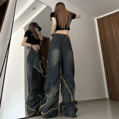 Gemz Vintage Tassel Design Jeans Women High Waist Fashion Autumn Straight Trousers Hip Hop Y2k Wide Leg Denim Pants Female Streetwear