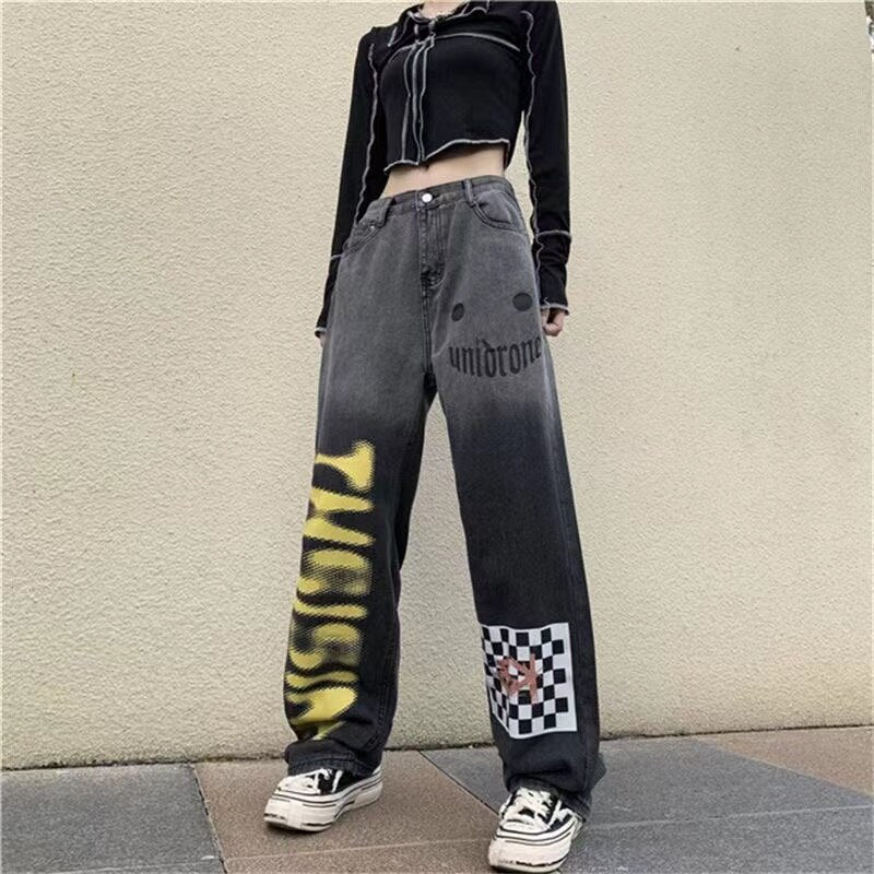 Gemz Punk Hippie High Street Y2K Wide Leg Trouser  Harajuku Grunge Denim Pants Vintage Straight Gothic Baggy Jeans Woman