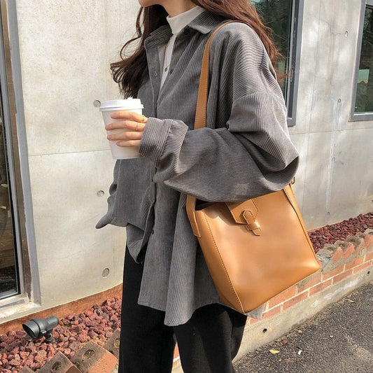 Gemz  Deeptown Vintage Corduroy Women Blouses Casual Oversized Harajuku Basic Chic Fashion Long Sleeve Shirt Retro Coat Female Jackets