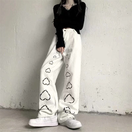 Gemz High Street Hot Girl Vintage Heart Print High Waist Straight Goth  Baggy Jeans Woman Y2K Clothes Wide Leg Denim Pants