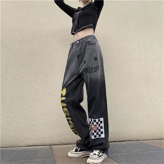 Gemz Punk Hippie High Street Y2K Wide Leg Trouser  Harajuku Grunge Denim Pants Vintage Straight Gothic Baggy Jeans Woman