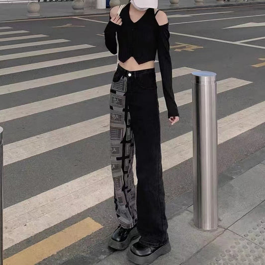 Gemz High Street Straight Leg Black Jeans Y2K Aesthetic For Woman  Fashion Print Harajuku Streetwear Clothes Pants Trousers Woman