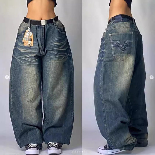 Gemz 2000s dti Fashion Brand JNCO Hip Hop Embroidered Large Pocket Jeans Men's and Women's Y2g High Street Mopping Wide Leg Pants