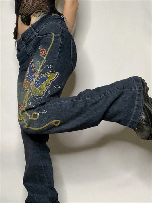 Gemz Retro Butterfly Print Y2K Denim Jeans Low Waisted Grunge Vintage Cargo Trousers Fairycore Harajuku Fashion Pants