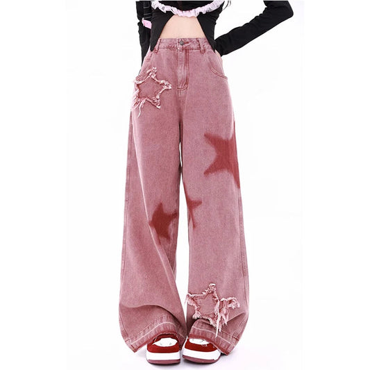 Gemz Women's Pink Jeans Letters Printed High-waisted American Street Wide Leg Pants Hip-hop Fashion Retro Straight Y2K Winter Pants