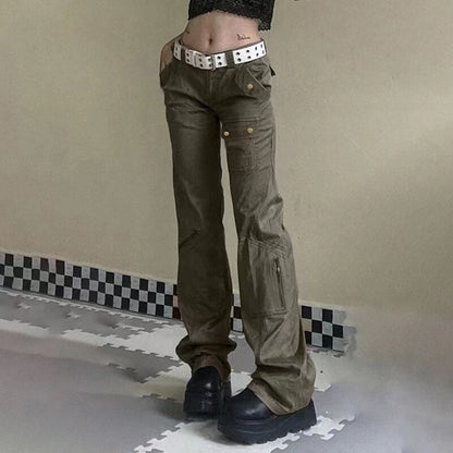 Gemz Low Waist Jeans Woman Pockets Trousers Baggy Denim Cargo Pants Straight Jeans Korean Fashion Jeans 90S Y2k Aesthetic Clothes