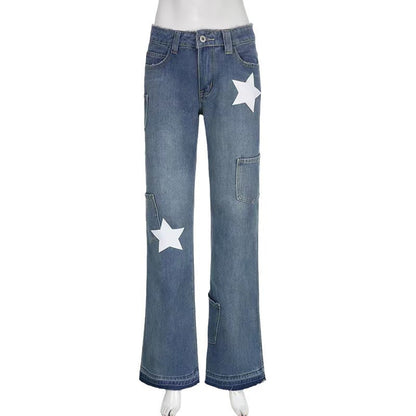 Gemz 2000s dti Street Vintage Washed Old Five-Pointed Star Printed Dirty Doll Asymmetric Stitching High Waist Straight Frayed Jeans