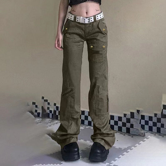 Gemz Low Waist Jeans Woman Pockets Trousers Baggy Denim Cargo Pants Straight Jeans Korean Fashion Jeans 90S Y2k Aesthetic Clothes