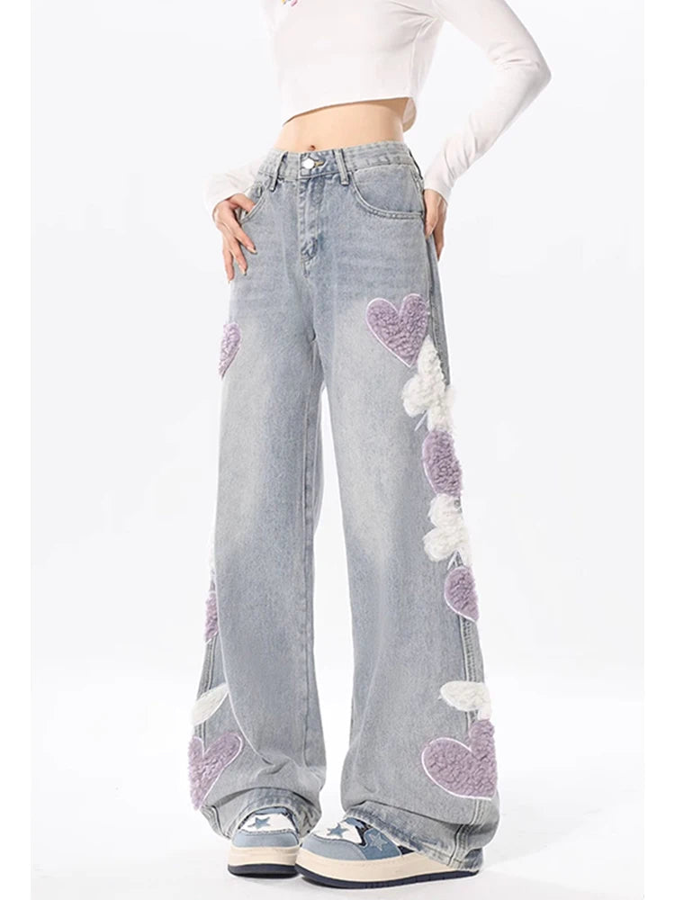 Gemz Blue Jeans for Women Embroidery High Waist Vintage American Fashion Streetwear Wide Leg Jean Female Trouser Baggy Denim Pants