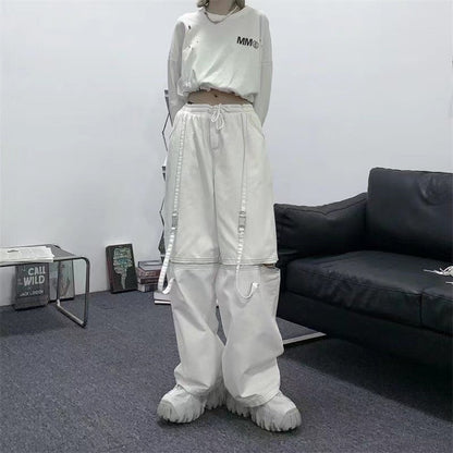 Gemz Vintage Hollow Splicing Women Jeans White Harajuku Korean Baggy Straight Cargo Pants Streetwear Wide Leg Hippie Clothes Pants