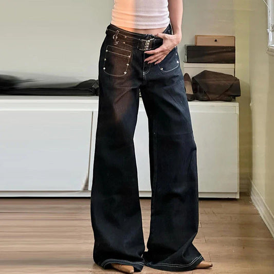 Gemz Fashion Design Belt Wide Leg Jeans Punk Grunge Low Waist Denim Trousers Streetwear Hip Hop Gothic Baggy Pants Y2K