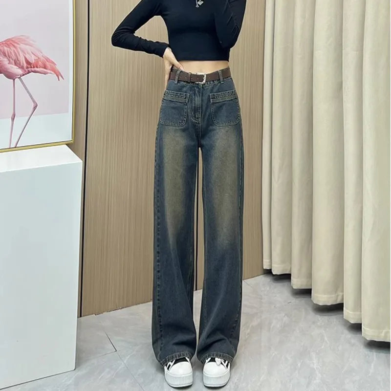 Gemz Vintage Jeans Woman Korean Fashion Women's Pants Baggy Jeans Women High Waist Streetwear Female Straight Leg Jeans Y2k Clothes