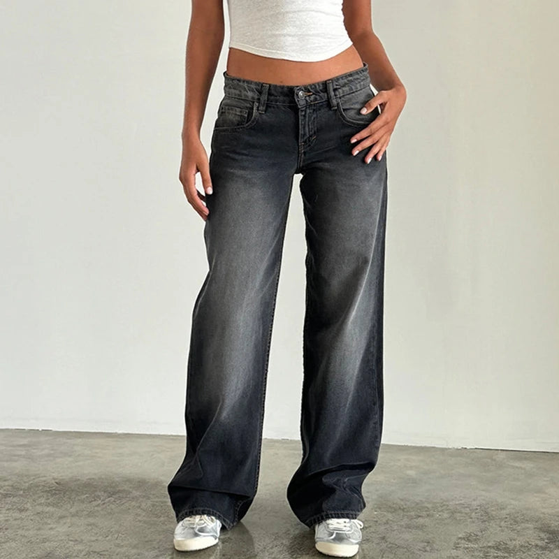 Gemz-Women Y2K Wide Leg Denim Pants Baggy Low Waist Boyfriend Jeans Casual Vintage Loose Fit Jeans Trousers Cyber Grunge Streetwear