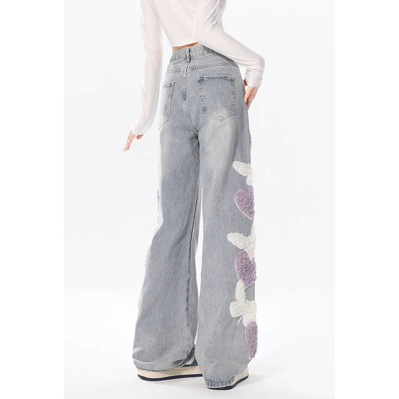 Gemz Blue Jeans for Women Embroidery High Waist Vintage American Fashion Streetwear Wide Leg Jean Female Trouser Baggy Denim Pants