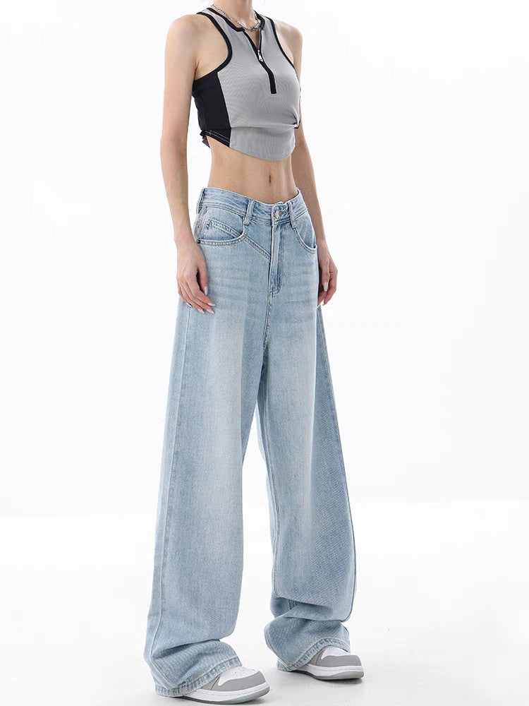 Gemz outfit inspo 2024 New Light Blue Washed Wide-Leg Jeans Women's Summer Super Soft Loose Mop Pants Pants