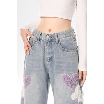 Gemz Blue Jeans for Women Embroidery High Waist Vintage American Fashion Streetwear Wide Leg Jean Female Trouser Baggy Denim Pants